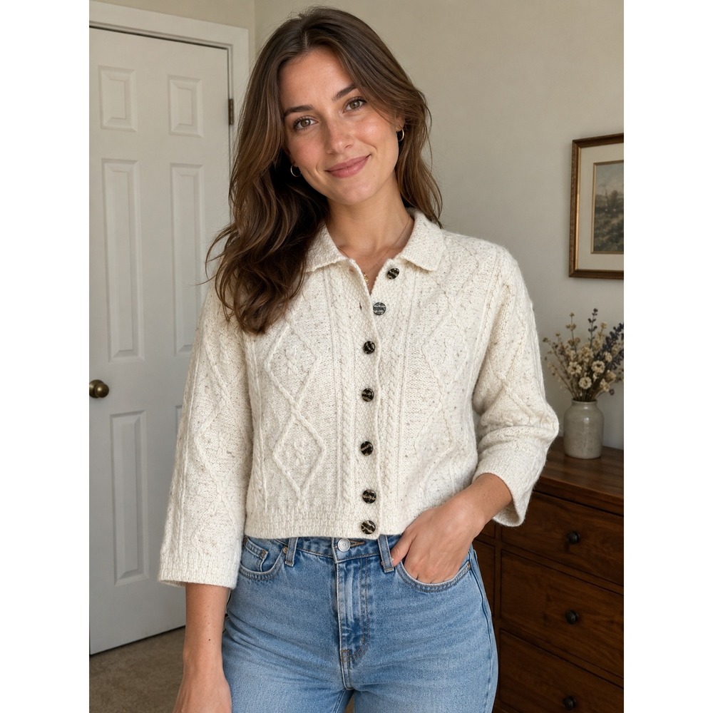 Vintage Carraig Donn Irish Wool Cardigan medium Cream Cable Knit Sweater Ireland